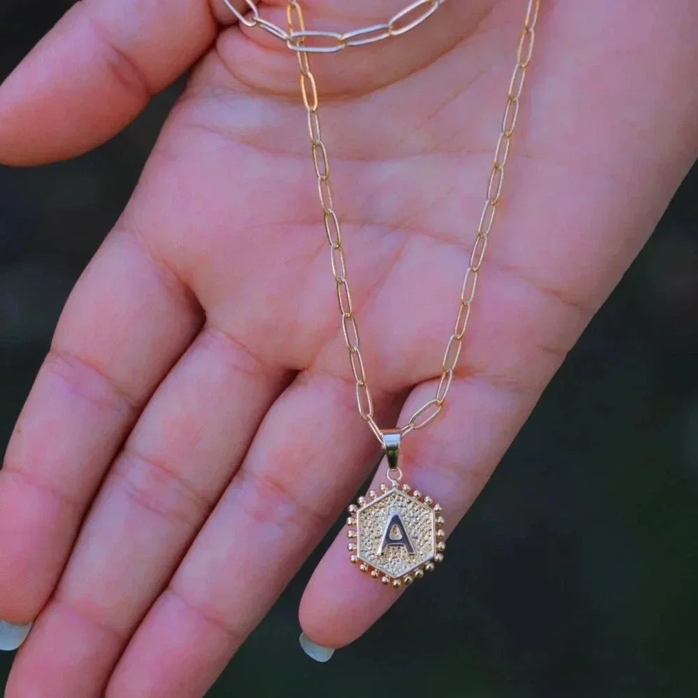 ▶ 2 LAYER GOLD LETTER INITIAL COIN HEXAGONAL PENDANT  DAINTY NECKLACE, ELDM22335_11